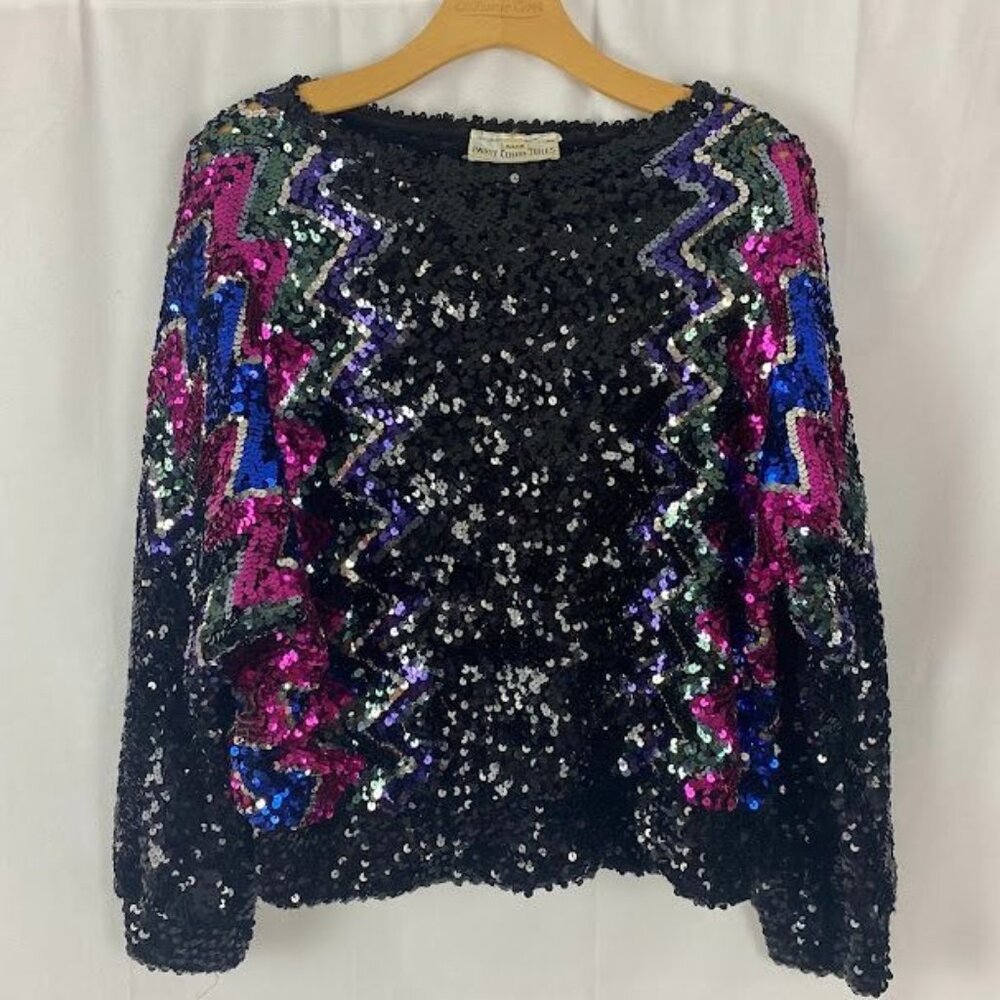Vintage 80's Disco Style Chevron Sequin‎ Multicolor Top Women's Medium.